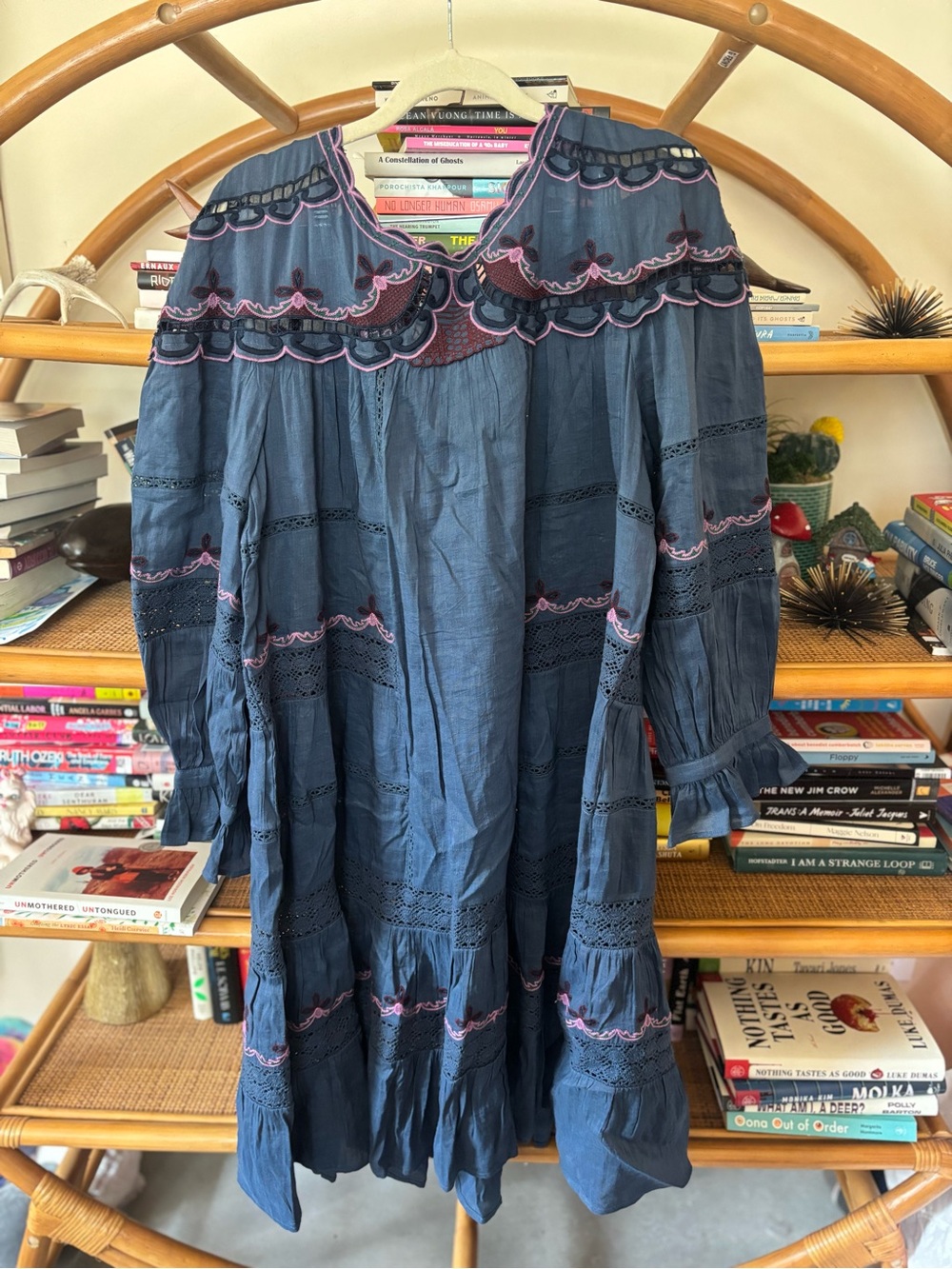 Johnny Was Navy Blue Embroidered Long Sleeve Maxi Dress